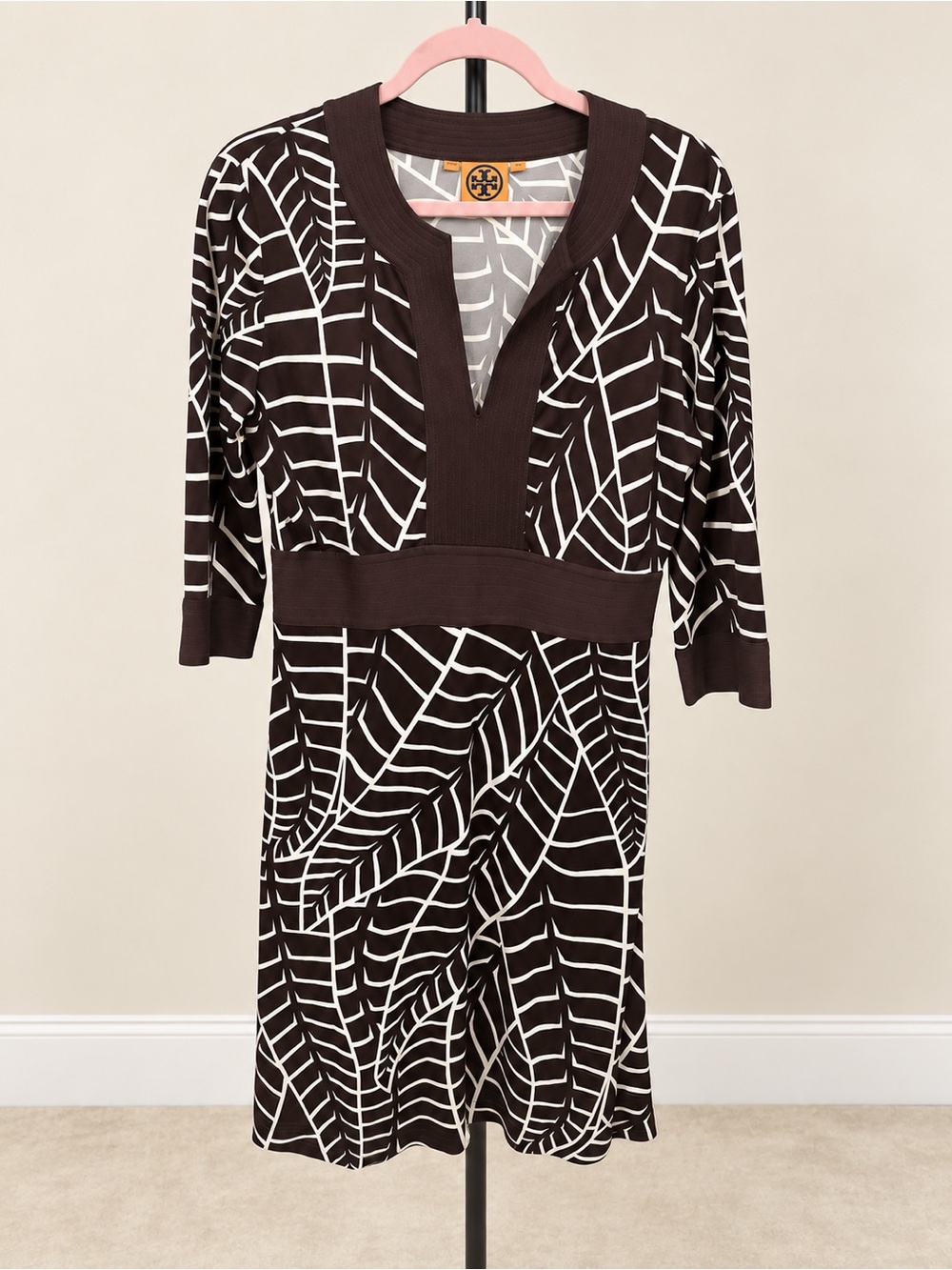 Tory Burch Brown Ivory Banana Leaf Print 100% Silk Dress Size M